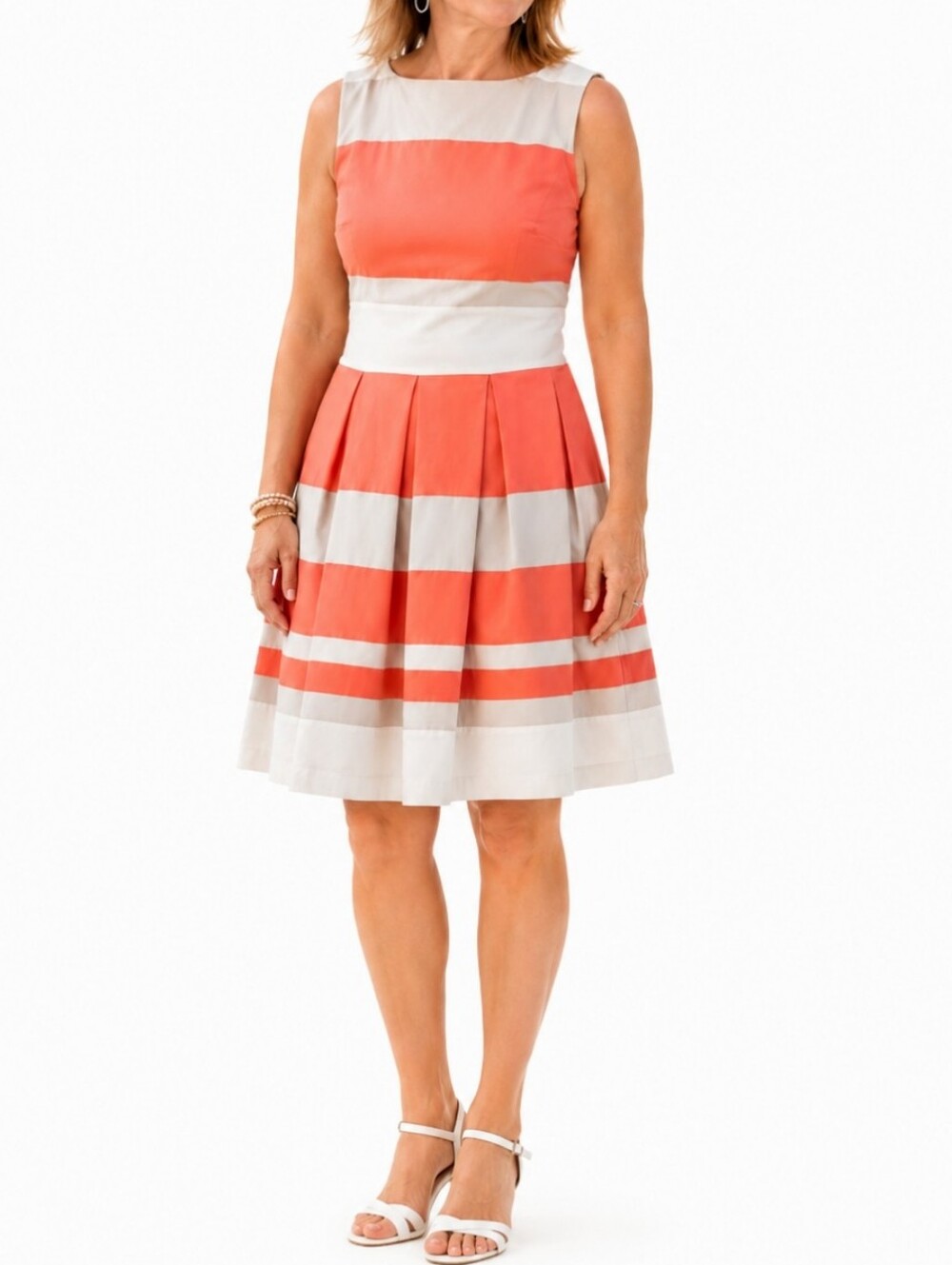Lauren Ralph Lauren S10 Beige And Coral Striped Pleated Dress